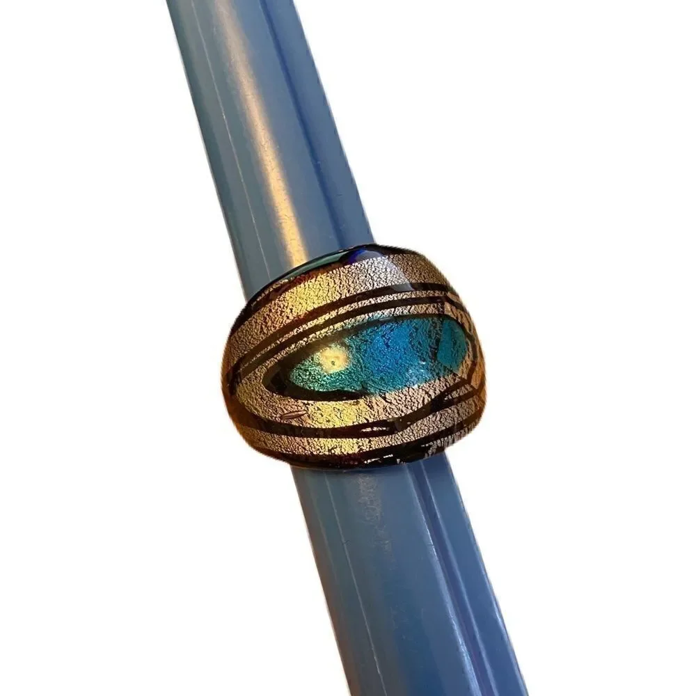 Dichroic glass ring size 7 with silver black and blue
